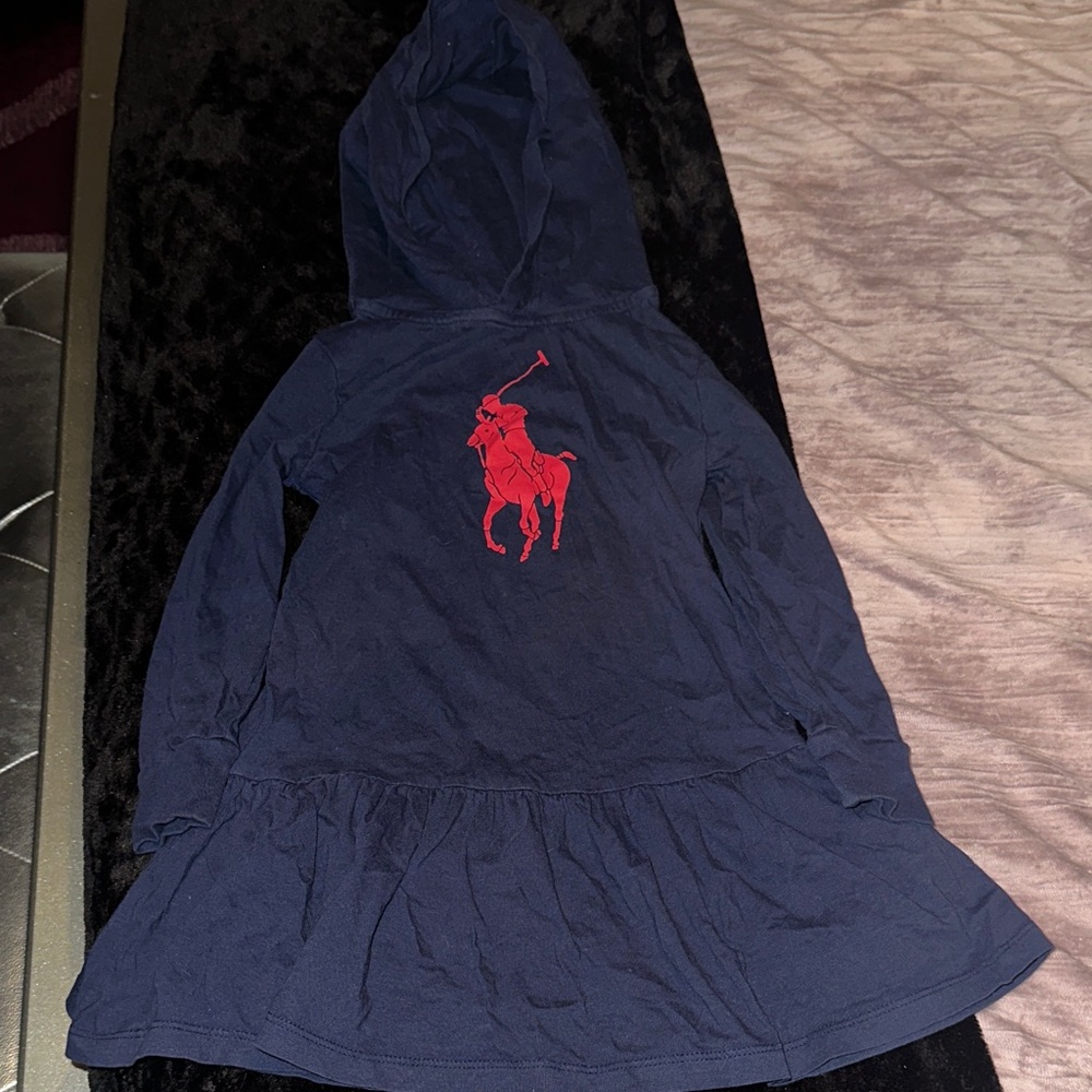 Navy Blue Ralph Lauren Kids Hoodie Tunic Dress with Red Logo 4T Girls